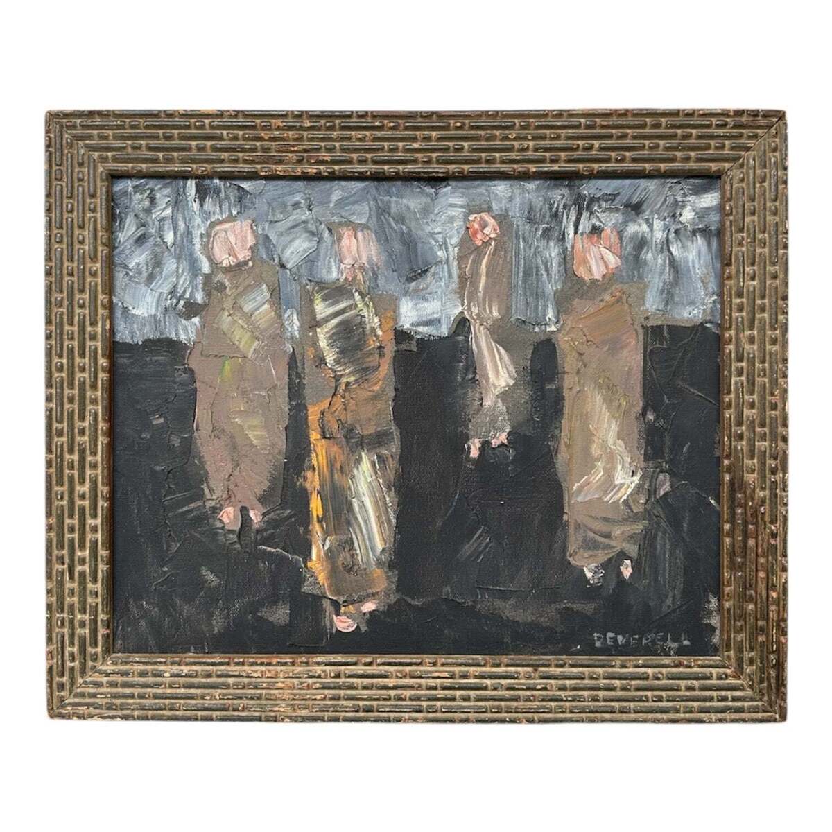 Moody Impasto of Four Figures in Neutral Tones with Vintage Frame