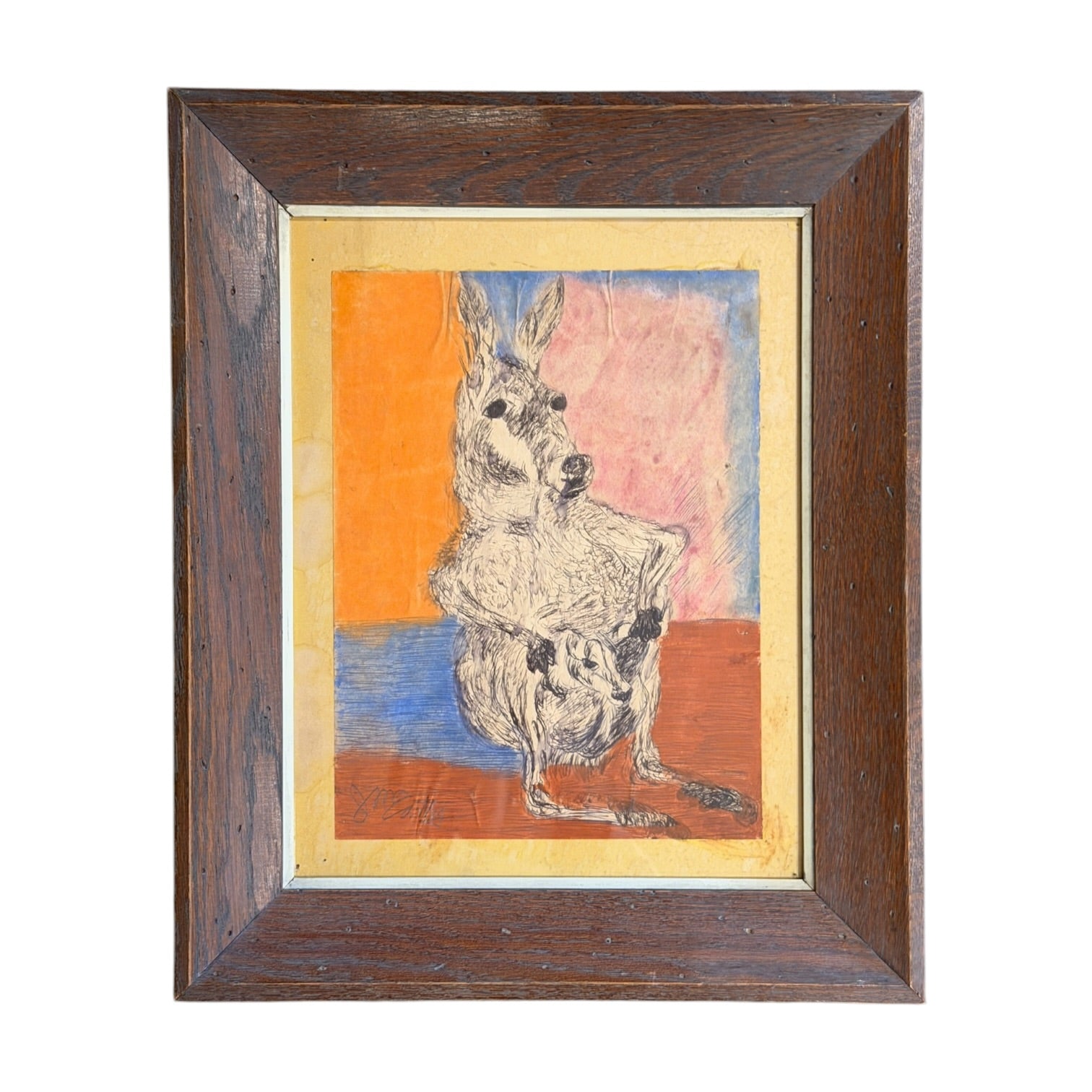 Outsider Art Mixed Media Painting of Kangaroo Mother and Baby in Heavy Vintage Wood Frame