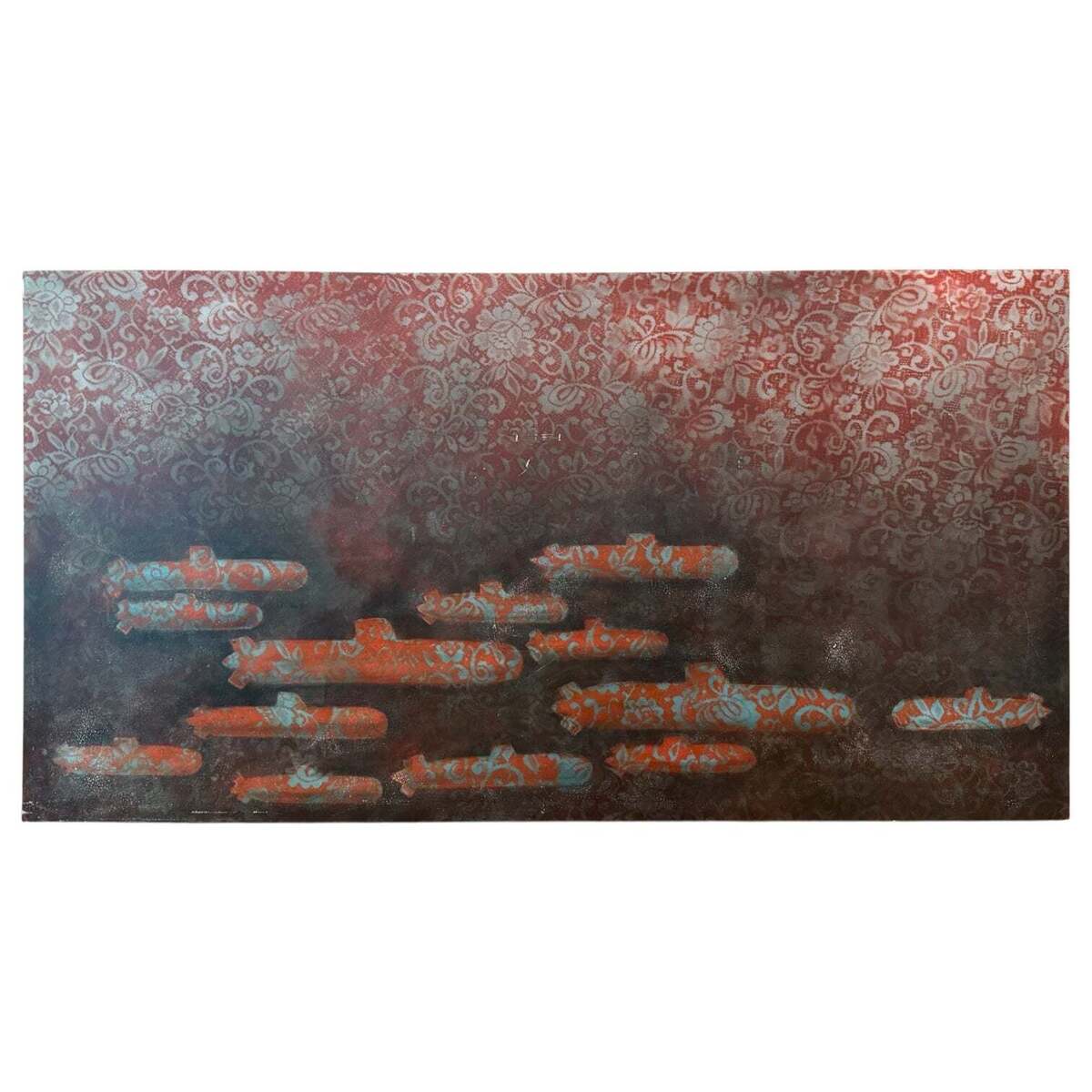 Oil Painting of Damask-Patterned Submarines in Reds
