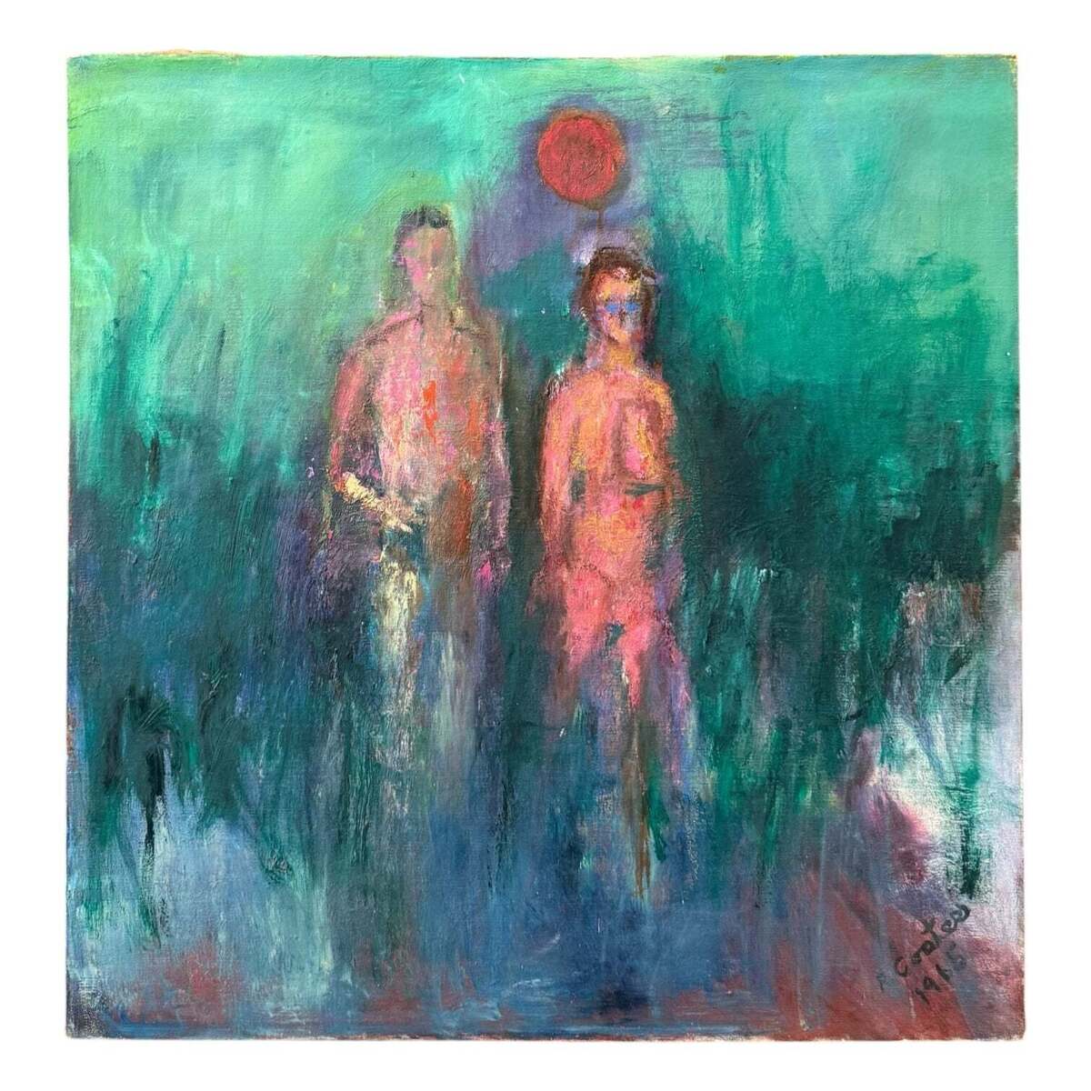 1965 Oil Painting of Couple in a Lush, Verdant Landscape