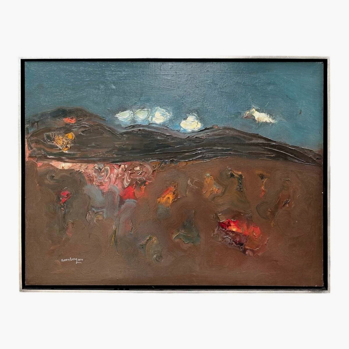 Highly Listed Artist 1974 Impasto Mountianscape in Moody Browns and Reds with Original Frame
