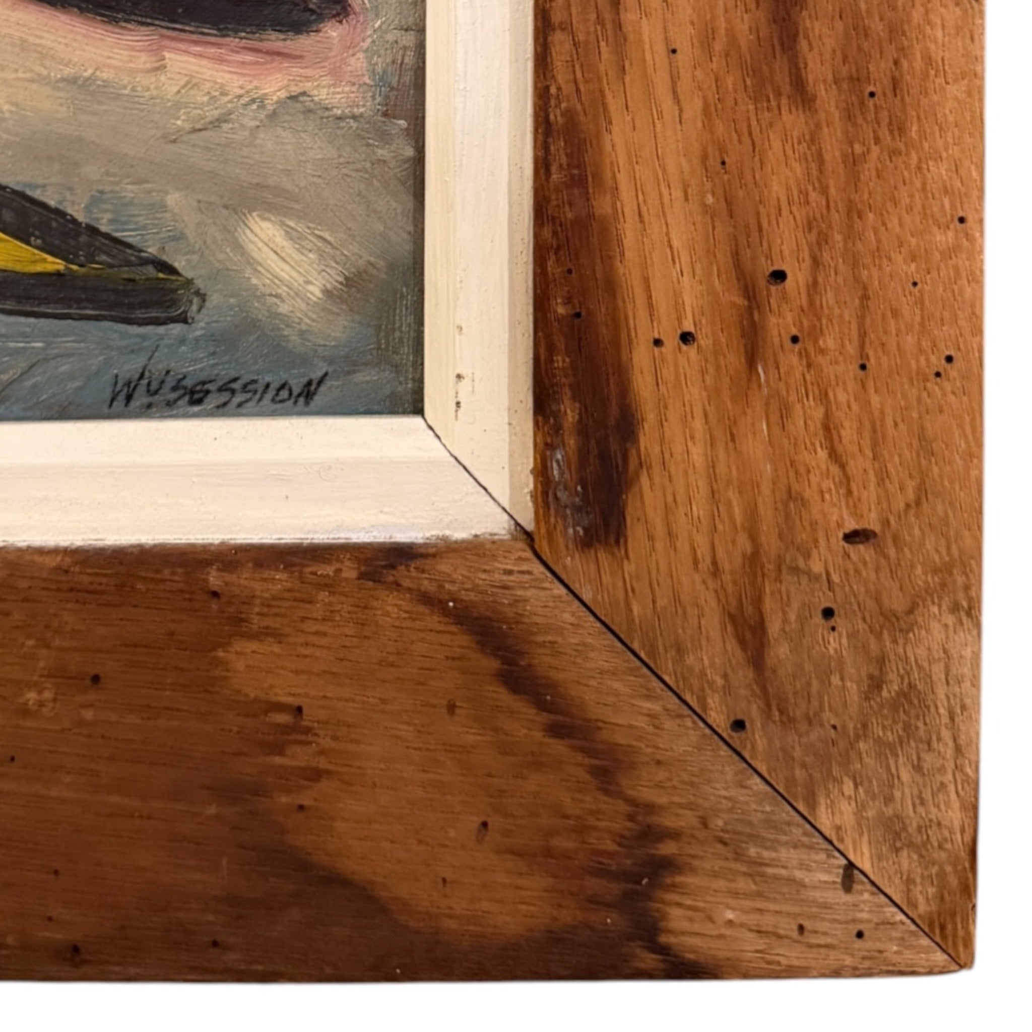 Mid Century Modern Angular Cubist Inspired Painting in Period Correct Wide Wood Frame