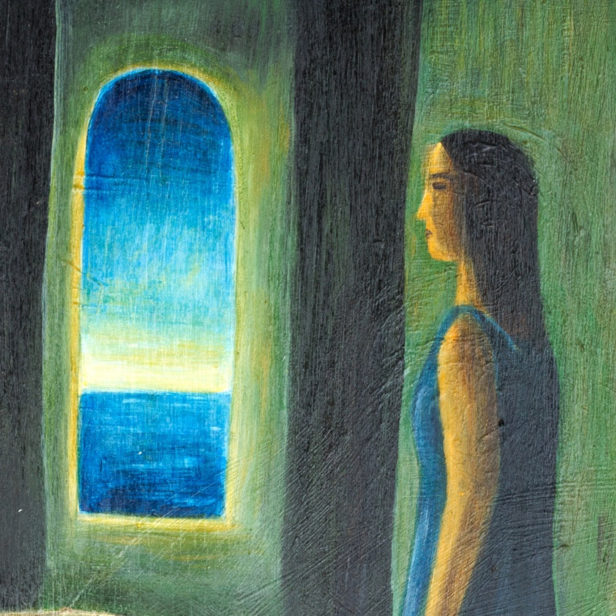 Moody Narrative Oil Painting Figure in Interior at Window with Snail in Vintage Wood Frame