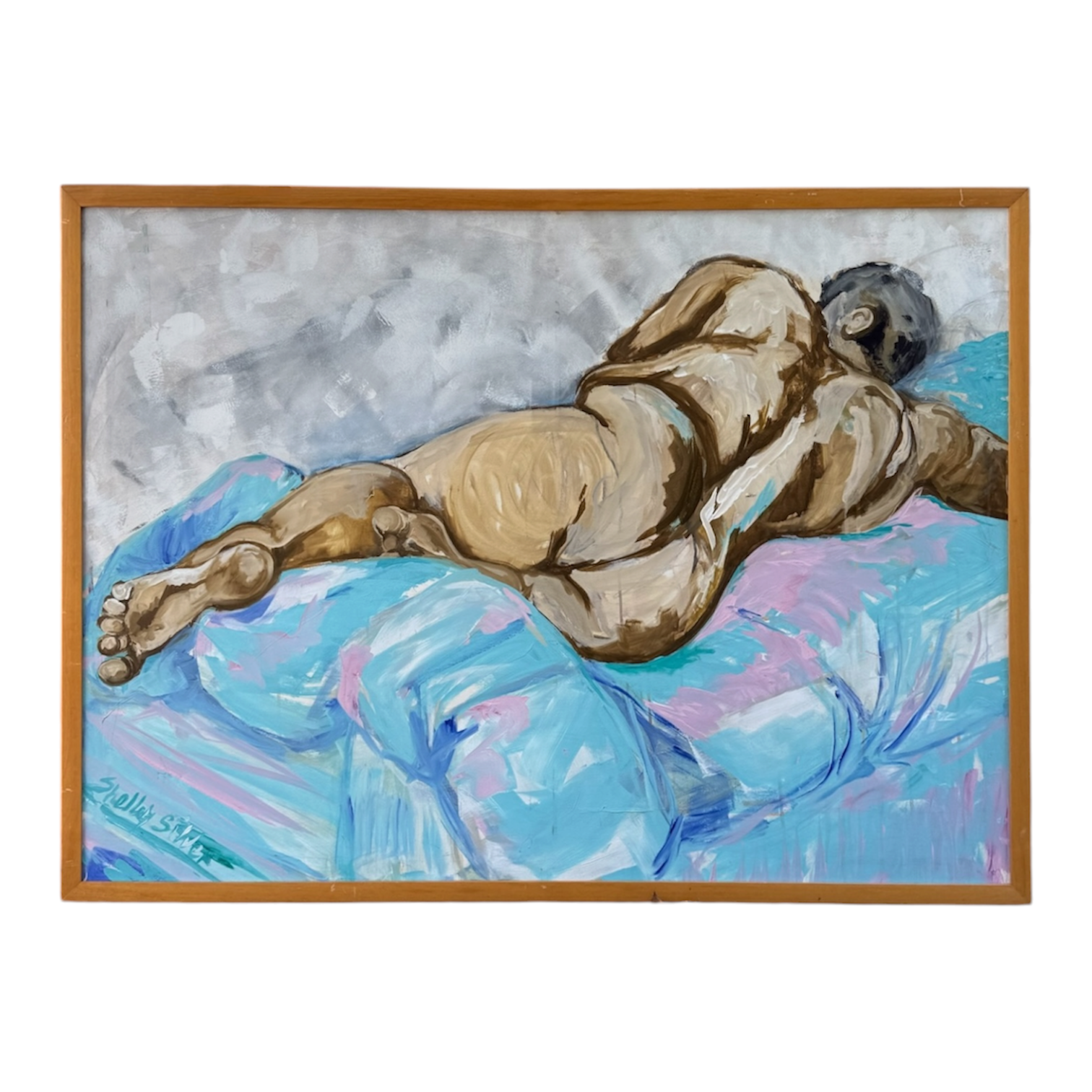 Vintage Oversized Reclining Male Nude on Blue Blanket Original Frame