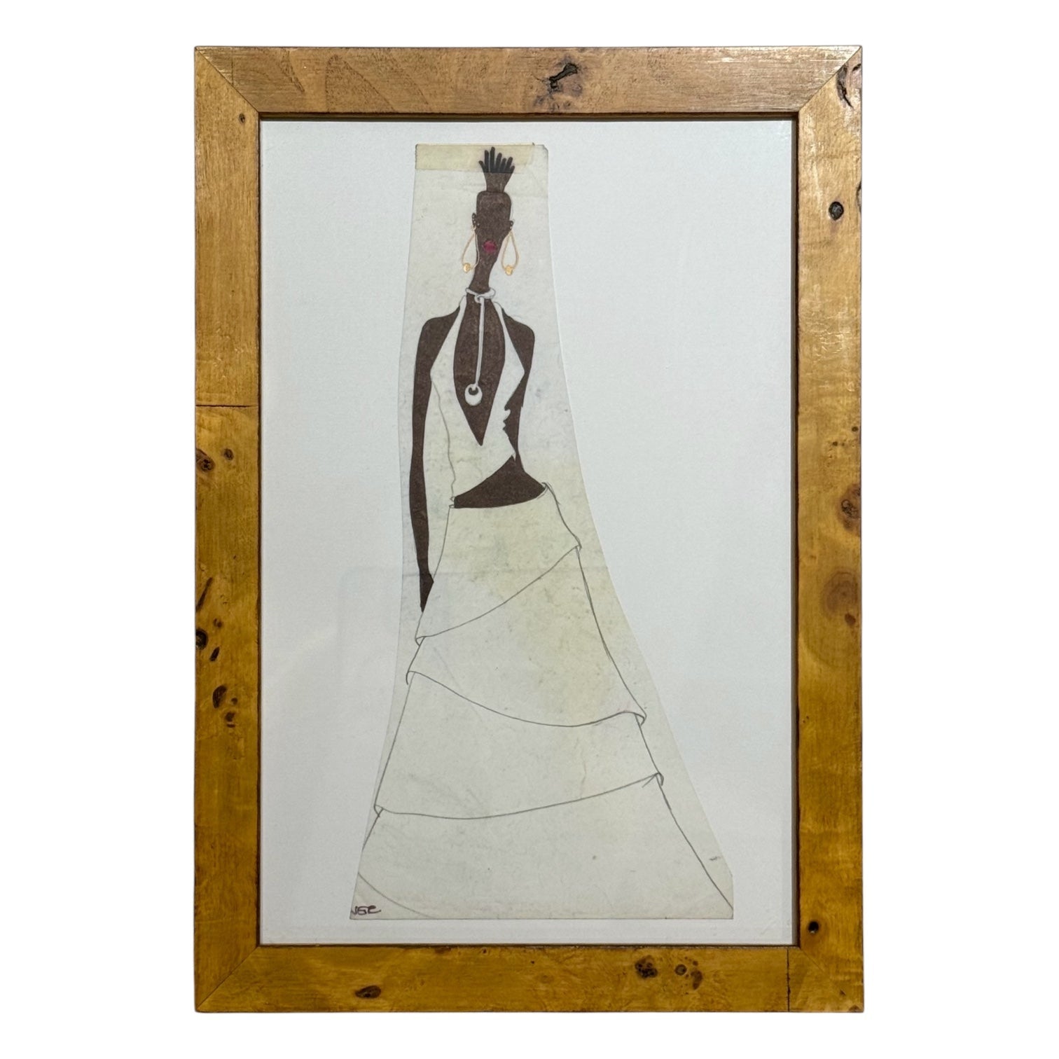 Vintage Fashion Illustration in Olivewood Burl Frame / No. 2