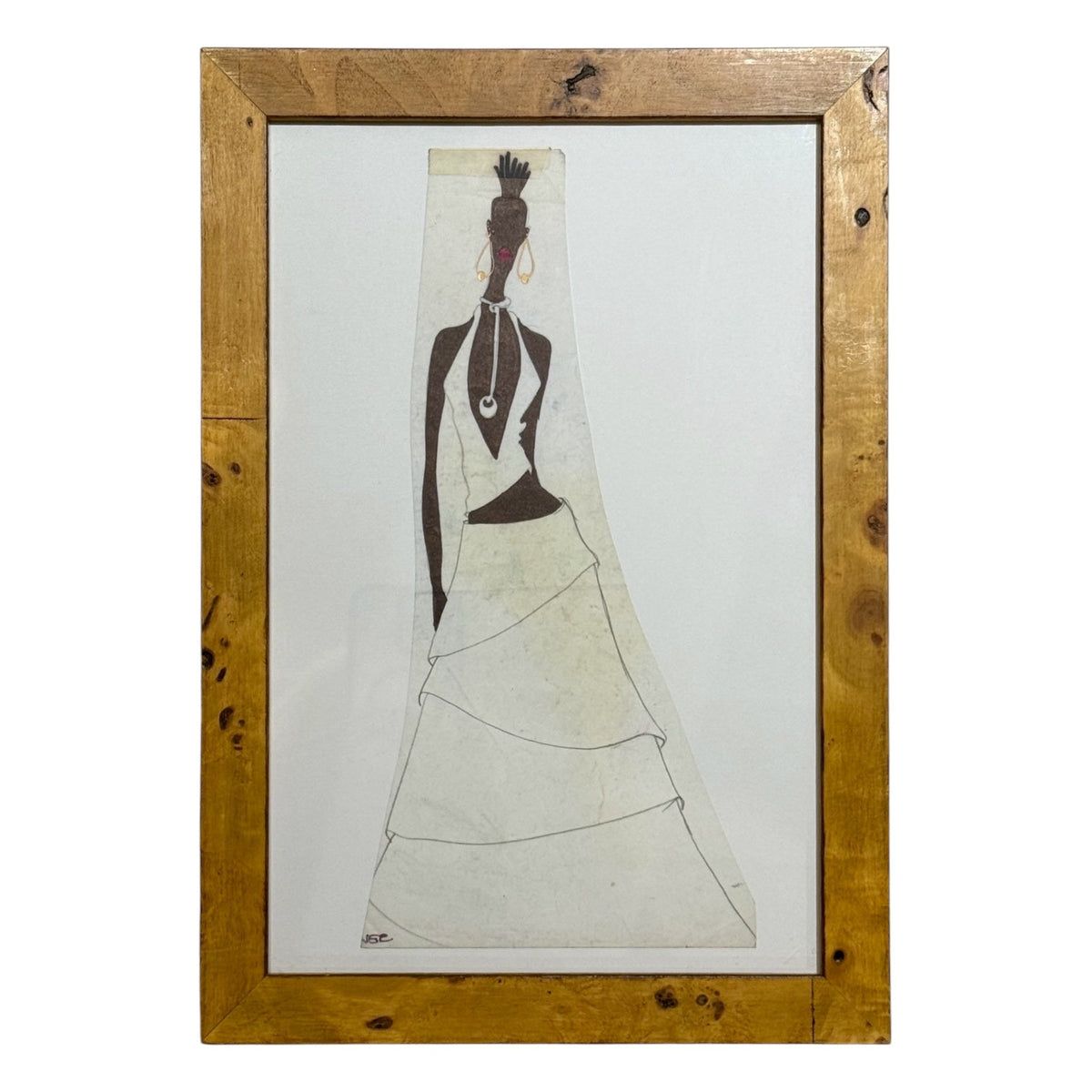 Vintage Fashion Illustration in Olivewood Burl Frame / No. 2