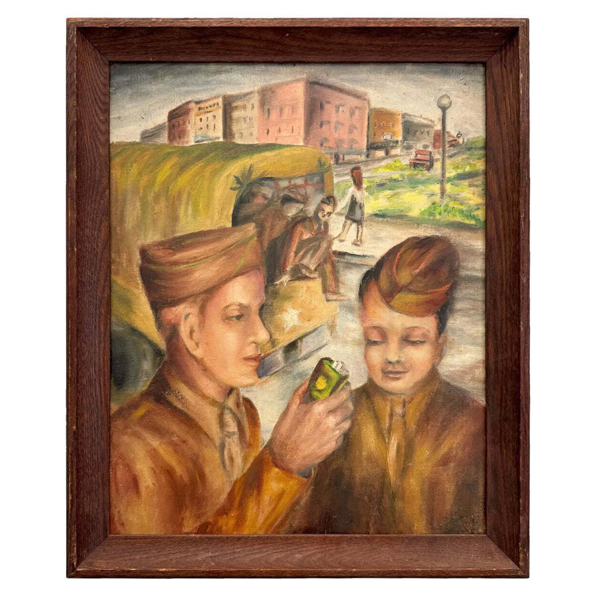 American School Wartime Regionalist Painting Of GIs Smoking Cigarettes