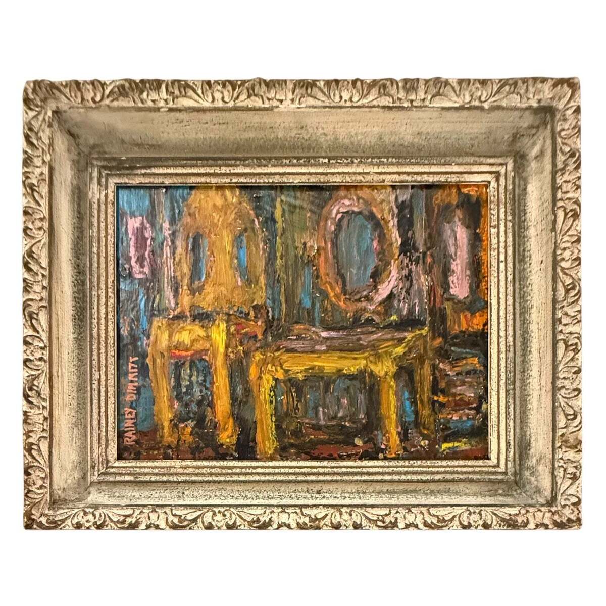 Oil Painting of Interior in Heavy Impasto in 19th Century Gilt Frame