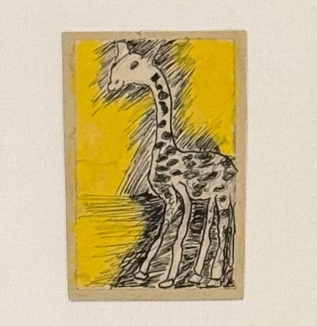 Mixed Media Painting of Giraffe Against Yellow Ground in 19th Century Stencil Gilt Frame