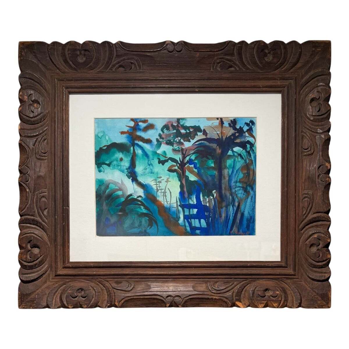 Watercolor Naturescape in Hand-Carved Vintage Wood  Frame