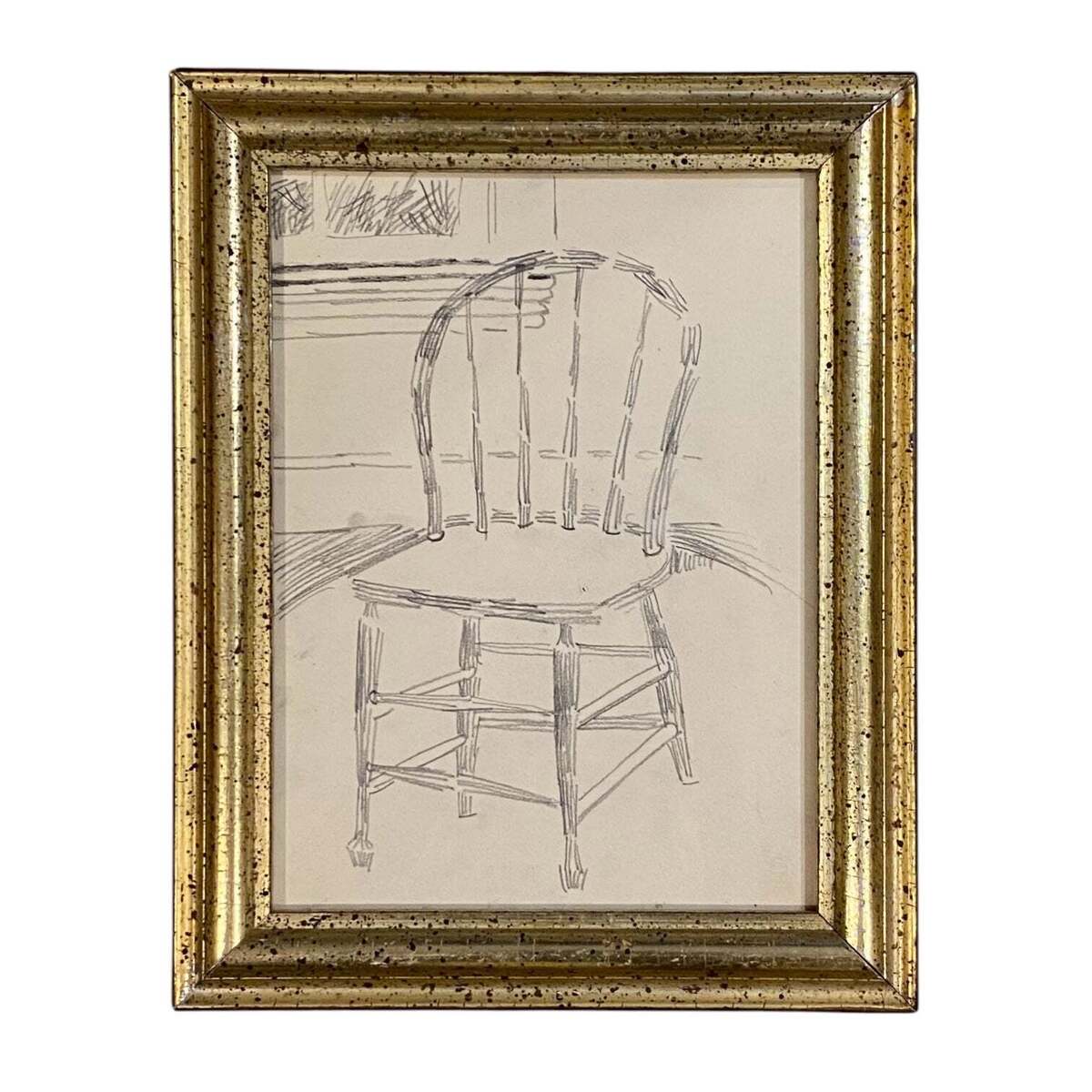 Antique Graphite Drawing of Chair in Interior No. 4