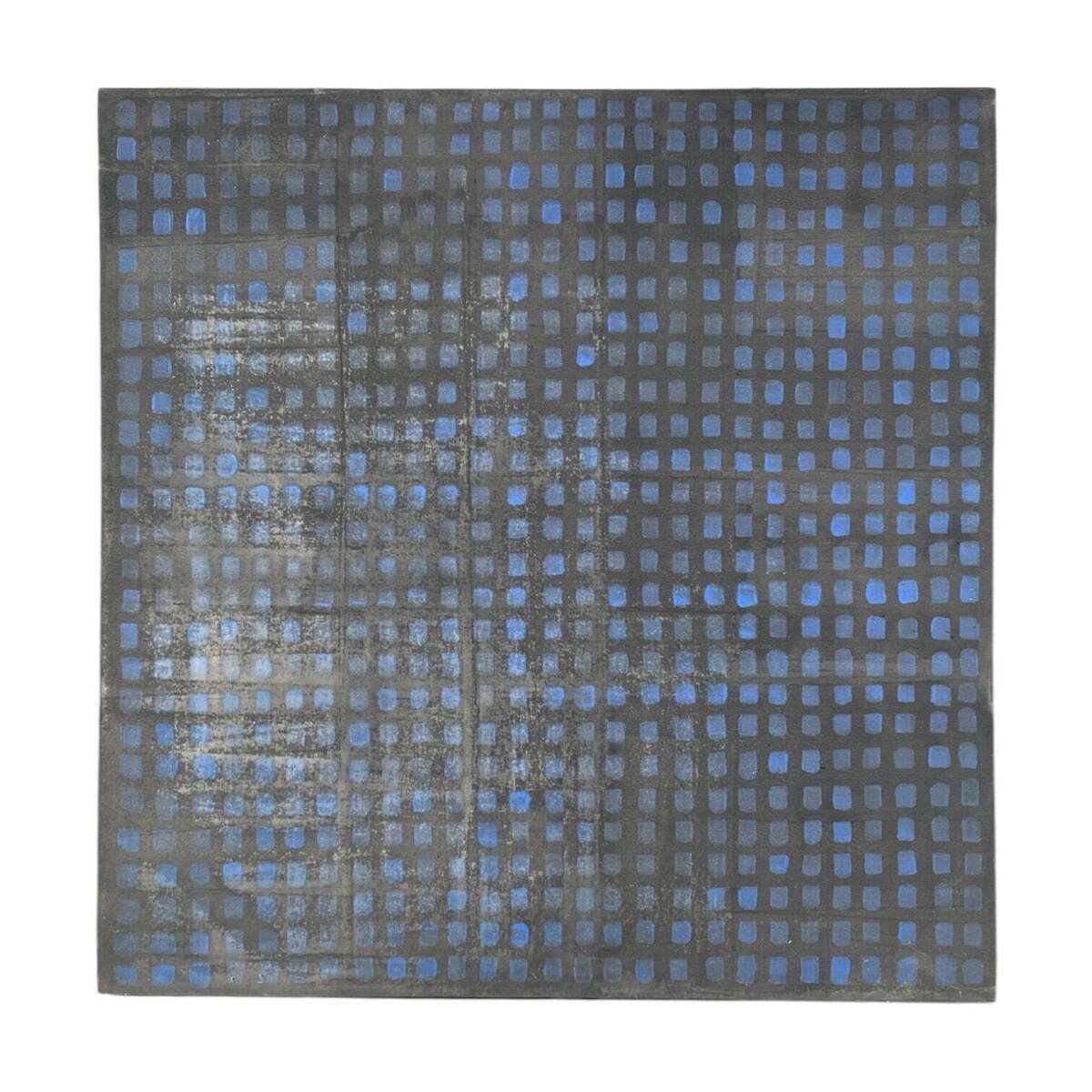 Monumental Graphic Grid Painting in Deep Gray-Blue