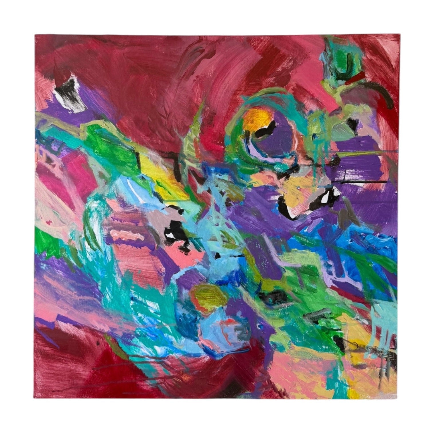 Vibrant Abstract Expressionist Painting Deep Red, Blues and Greens