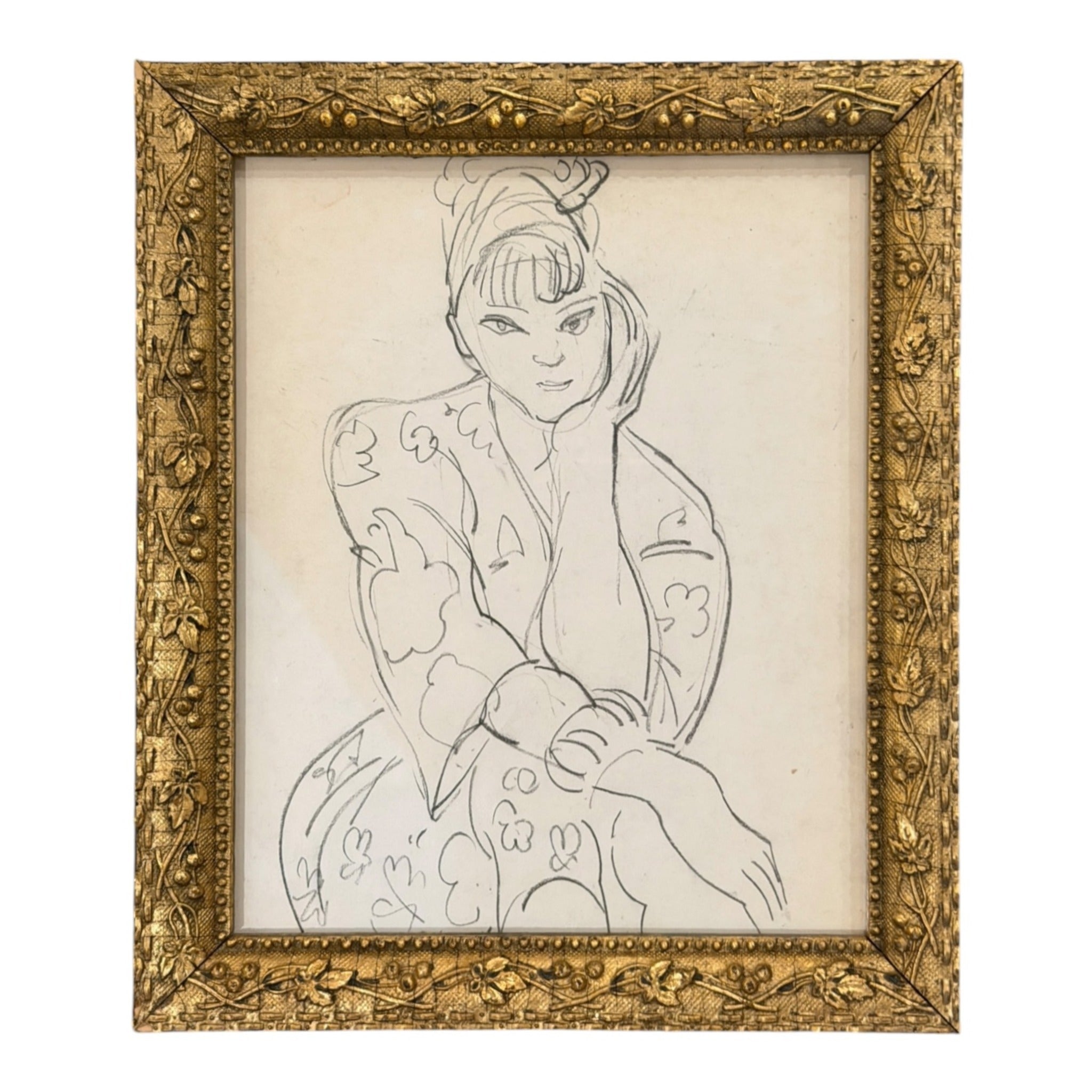 Expressive Line Drawing of a Seated Woman/ Antique Gilt Frame with Leaves and Berries