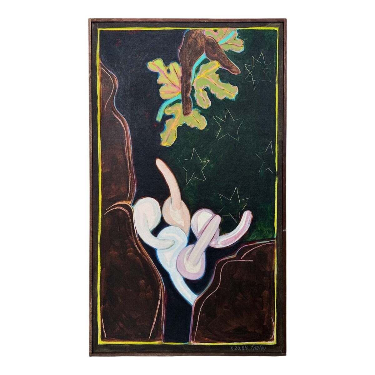 Oil Still Life of Gourds and Fig Leaves in Original Wood Lathe Frame