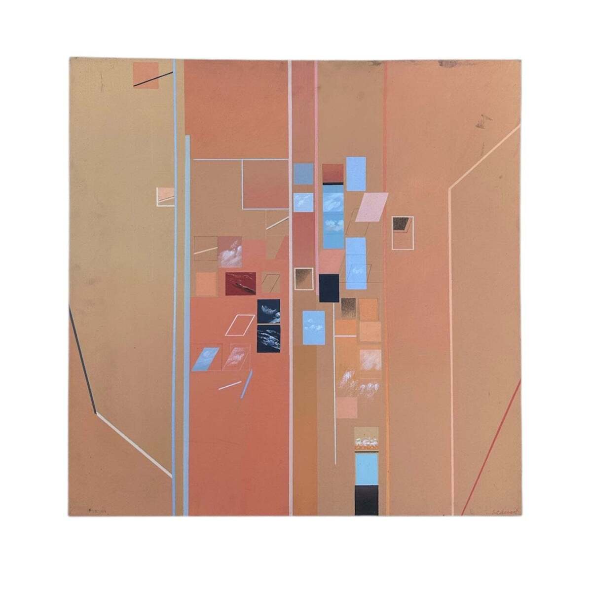 Square Geometric Mixed Media Painting in Warm Tones