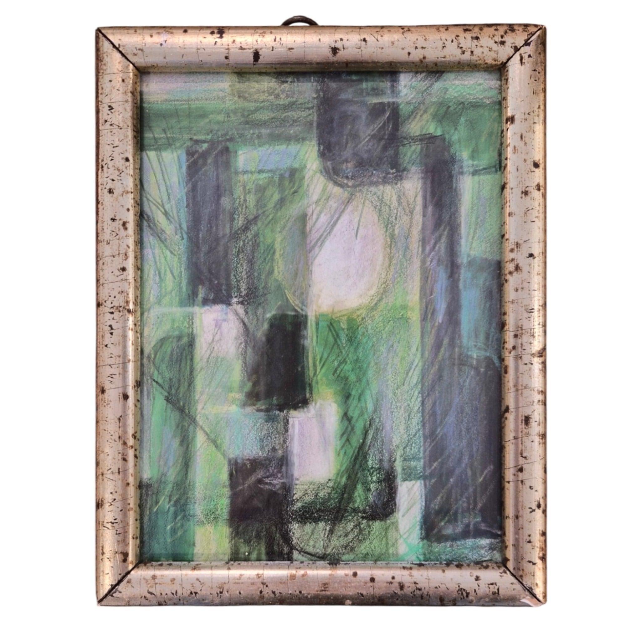 Abstract Cubism Painting in Green, Black and White/ 19th Century Lemon Gold Frame