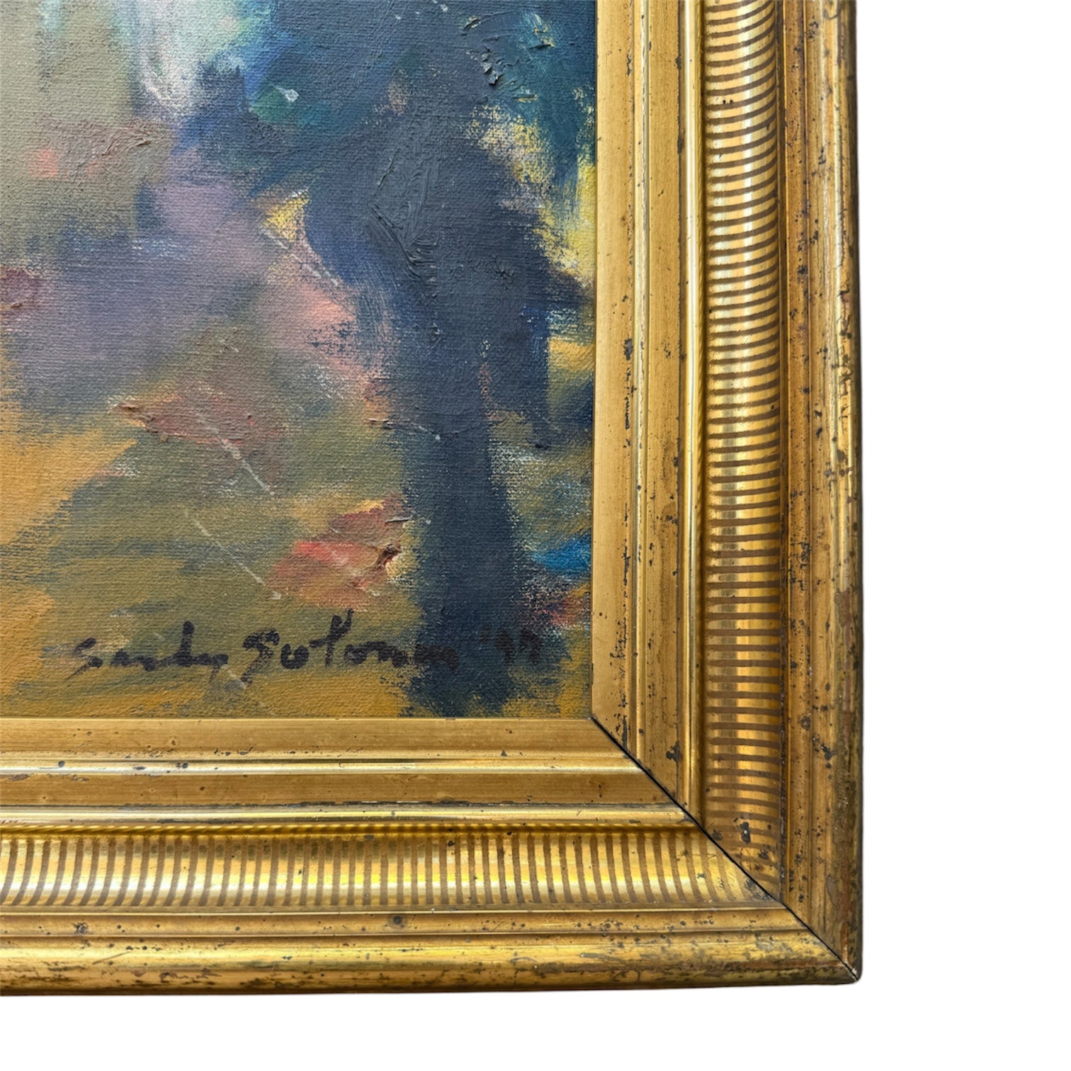 Vintage Abstract Landscape on Canvas in 19th Century Lemon Gold Stenciled Frame