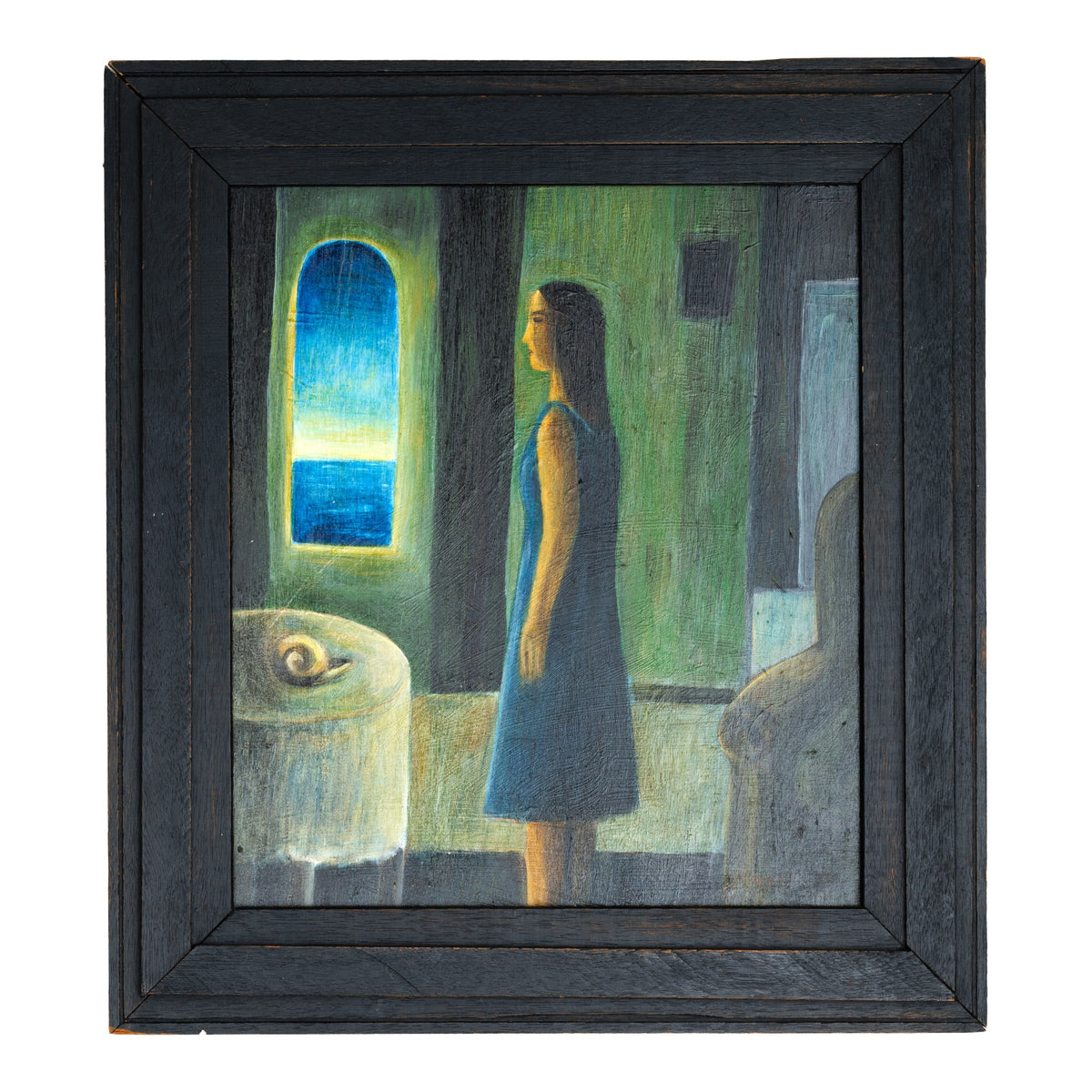Moody Narrative Oil Painting Figure in Interior at Window with Snail in Vintage Wood Frame