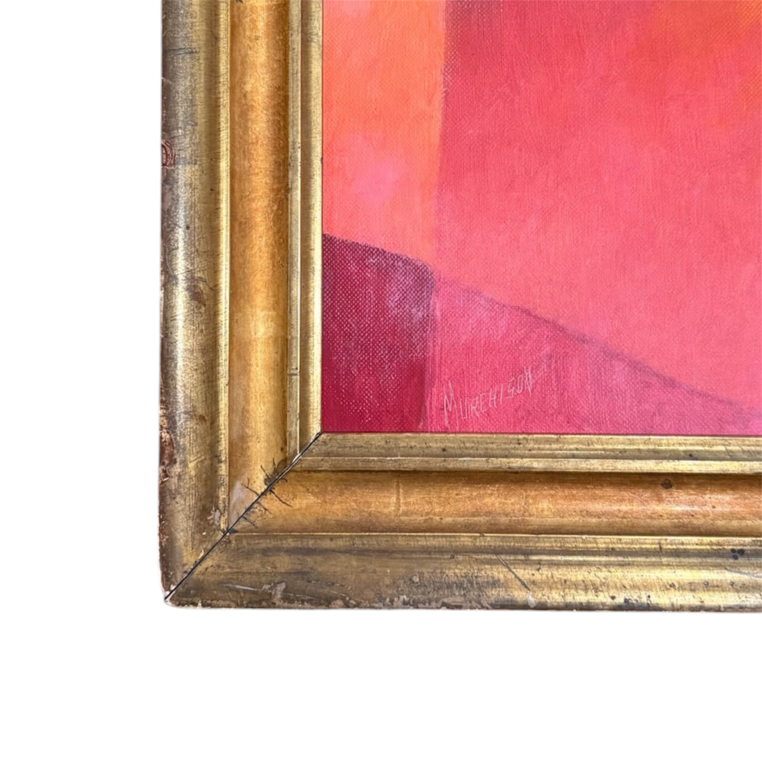 Oil Abstract of Faceted Planes in Reds and Pinks in 19th Century Gilt Frame
