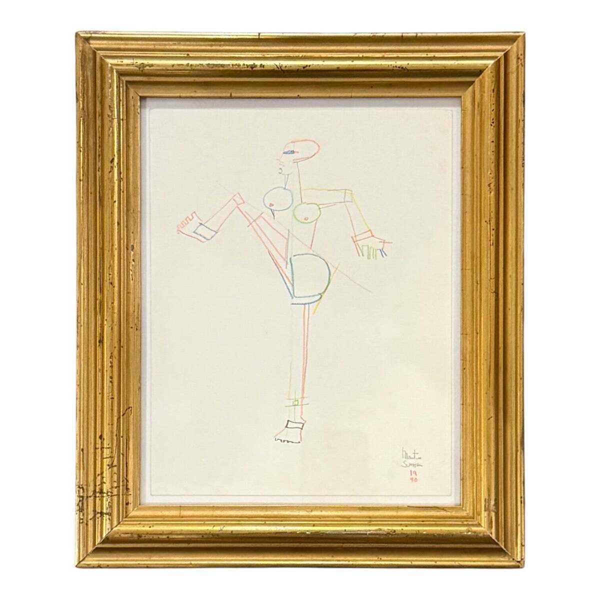 Rare Color Pencil Figurative Line  Drawing on Paper in 19th Century Gilt Frame