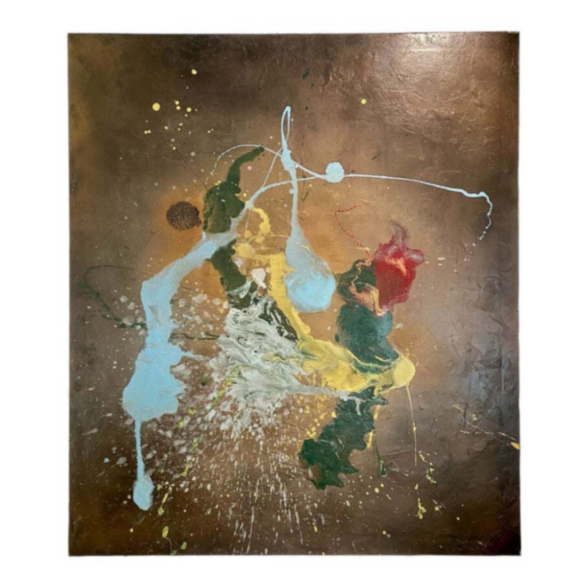 Large Energetic Abstract Expressionist Painting Butter Yellow, Red and Aqua Against Saddle Brown Field