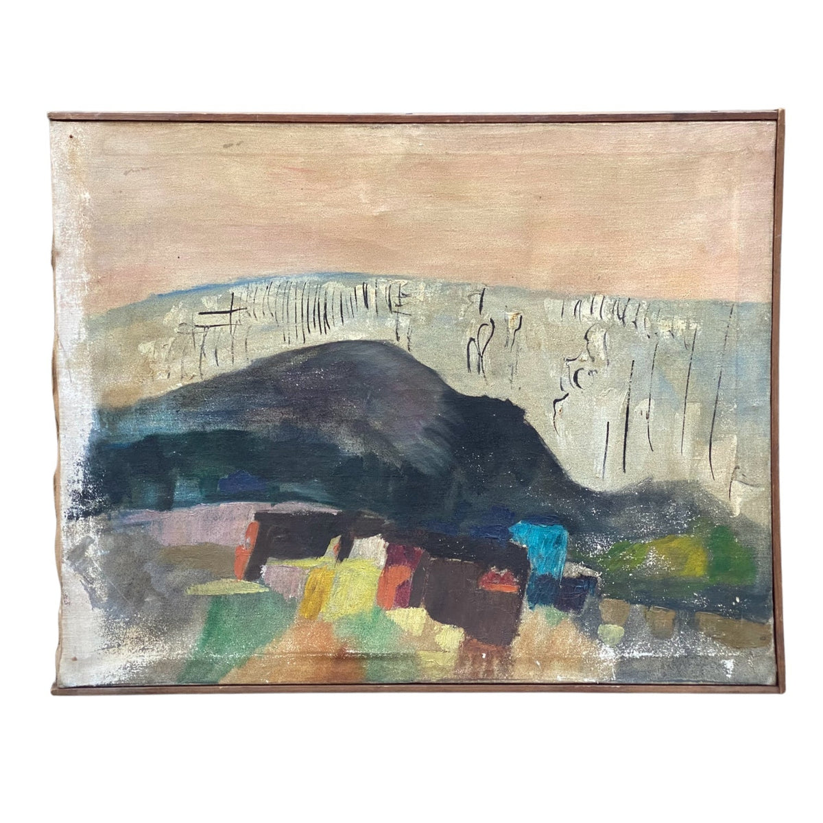 Vintage Oil Painting of Black Mountain Against Pink Sky