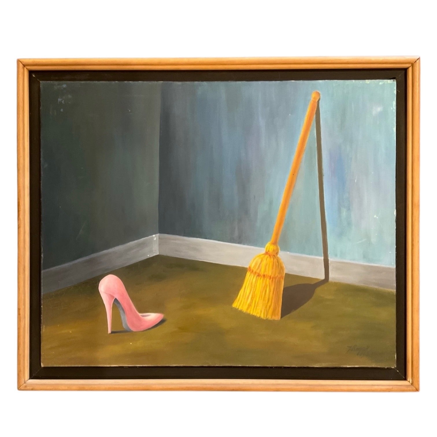 Surreal Oil Painting on Canvas, Pink Heel with Broom in Float Frame