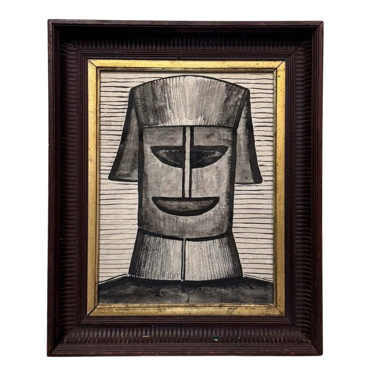 Ink Wash Portrait in Antique  Wood Frame