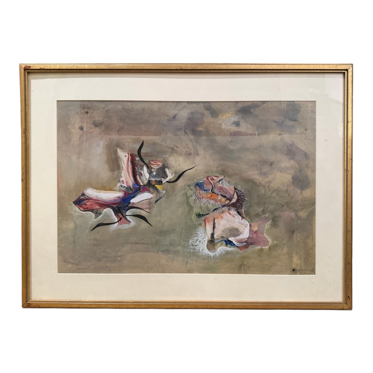 Sensitive Abstract Biomorphic Signed Gouache in Original Frame