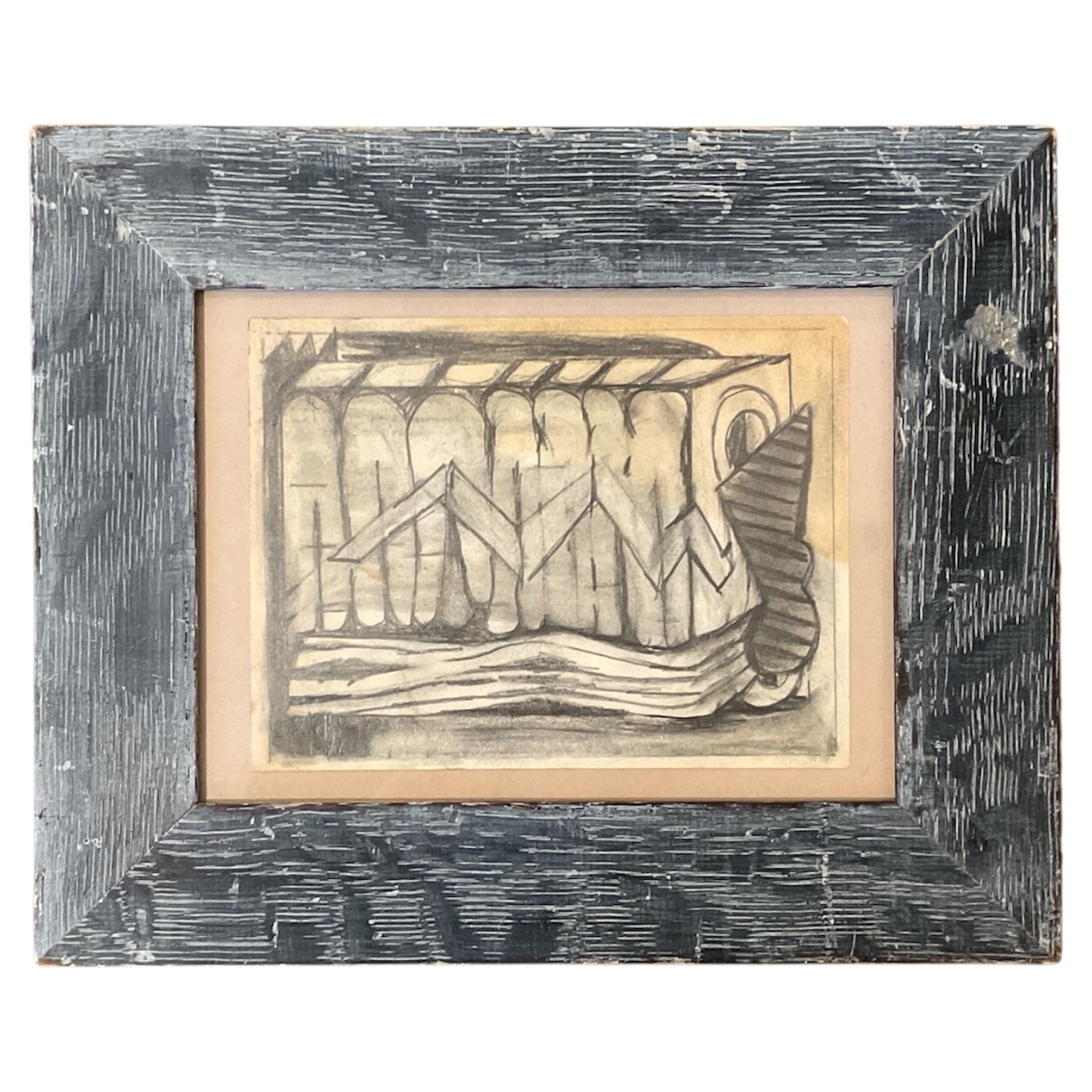 Abstract Graphite Drawing in the Manner of Philip Guston /Vintage Cerused Wood Frame