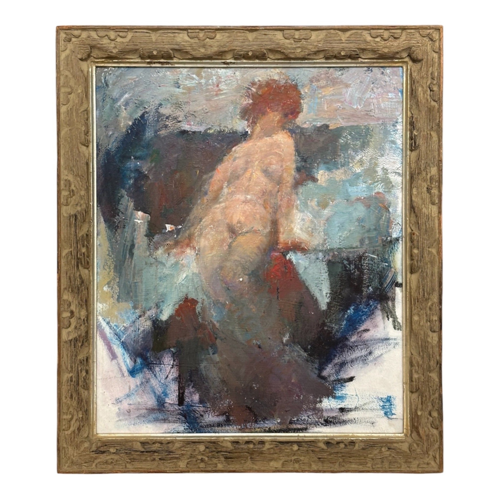 Lush Vintage Figurative Painting with Gestural Brushwork in Antique Hand-Carved Frame