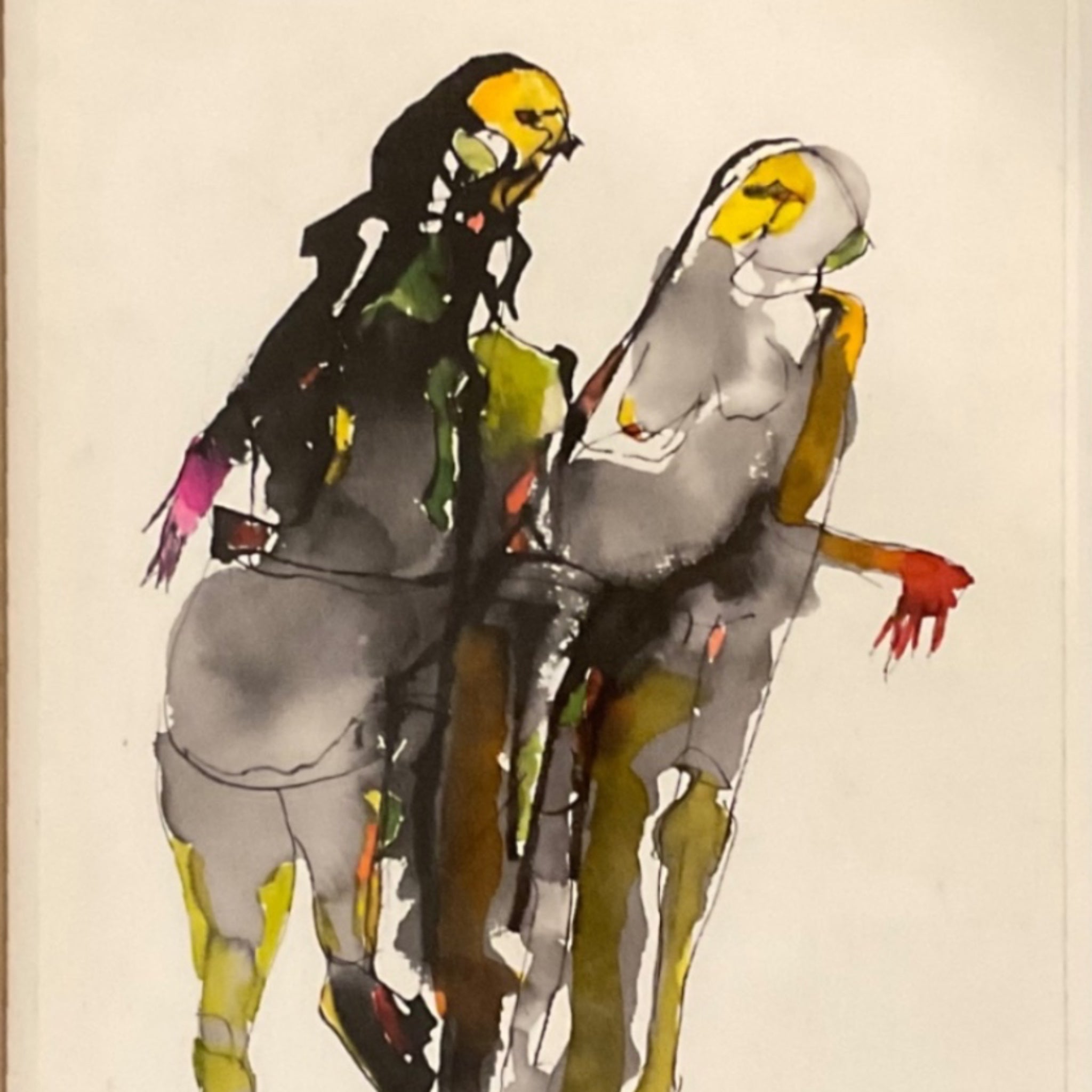 Abstract Ink and Watercolor of Two Figures in Vintage Wood Frame