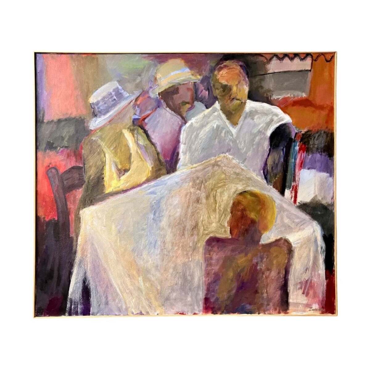 Abstracted Figures Seated at a Table in Original Wood Lathe Frame