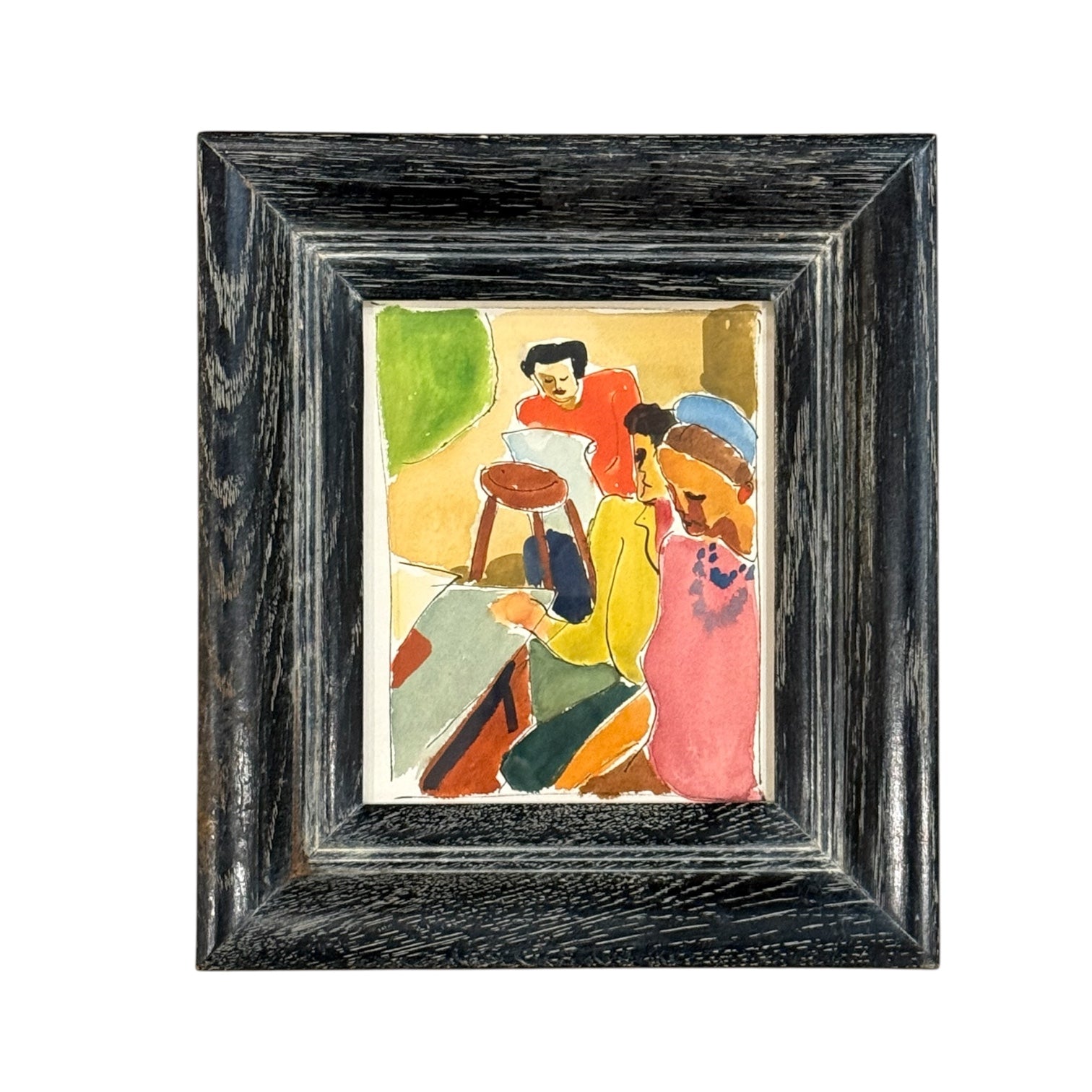 Vivid Watercolor of Group of Figures in Interior in Vintage Cerused Wood Frame