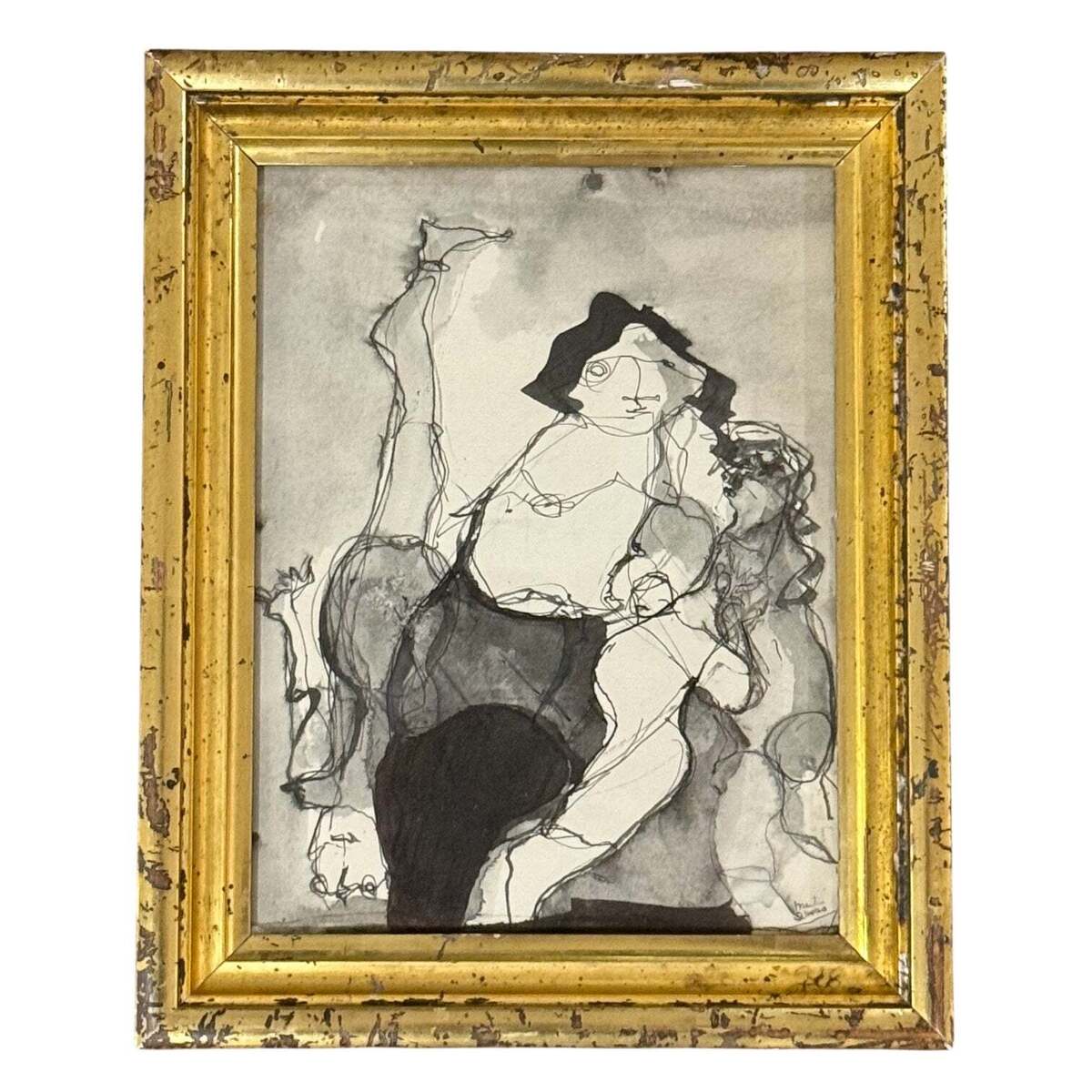 Figurative Watercolor and Ink Painting in 19th Century Gilt Frame