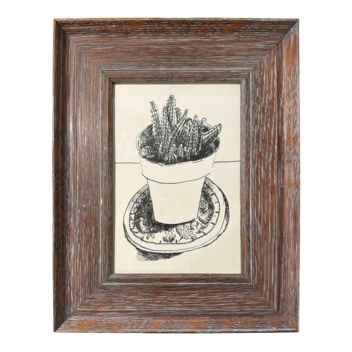 Charming Vintage Pen and Ink of a Potted Plant in Vintage Cerused Wood Frame