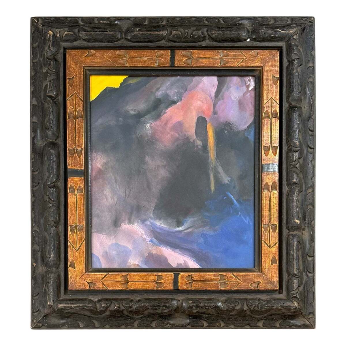 Moody Abstract Painting in Hand-Carved Vintage Wood Frame