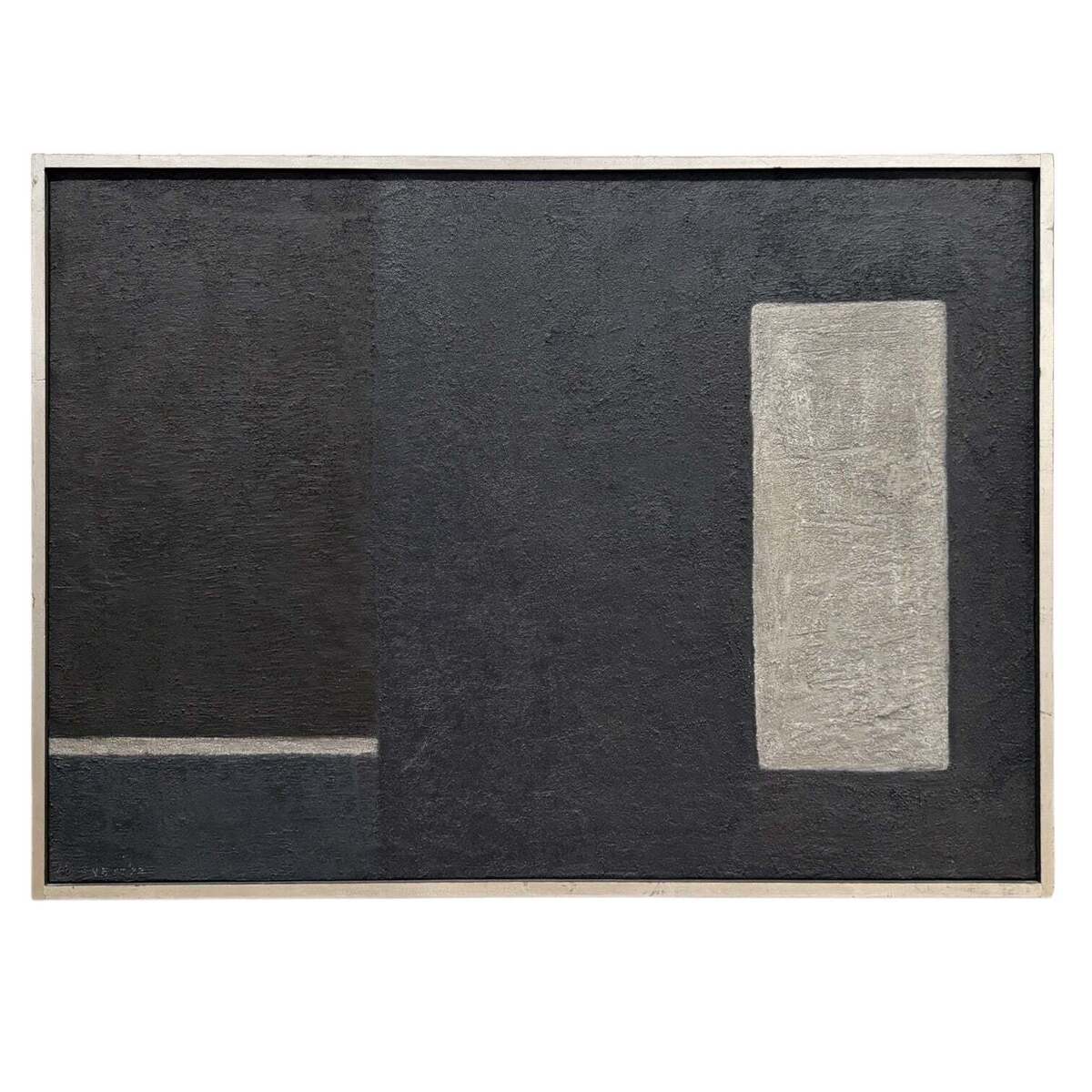 Minimalist Oil Painting in Black Deep Indigo and White in Gallery-Style Frame