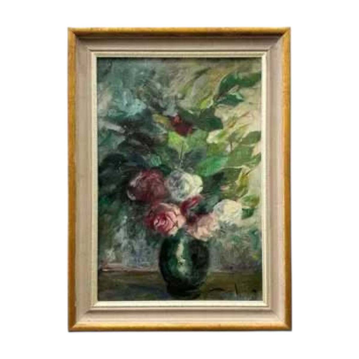 Antique American School Oil on Canvas Floral Painting of Cabbage Roses