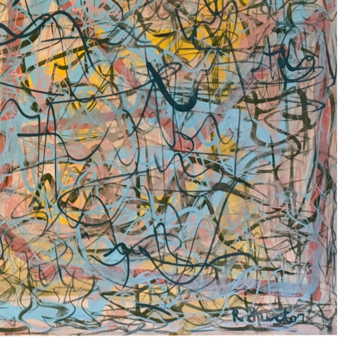 Large Energetic Abstract Painting with Layered Mark Making in Marine Blue, Yellow and Pinks