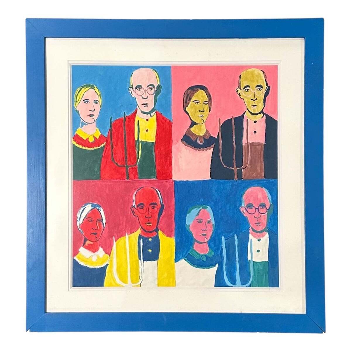 Brightly Colored Study of American Gothic in the Style of Andy Warhol Original Frame