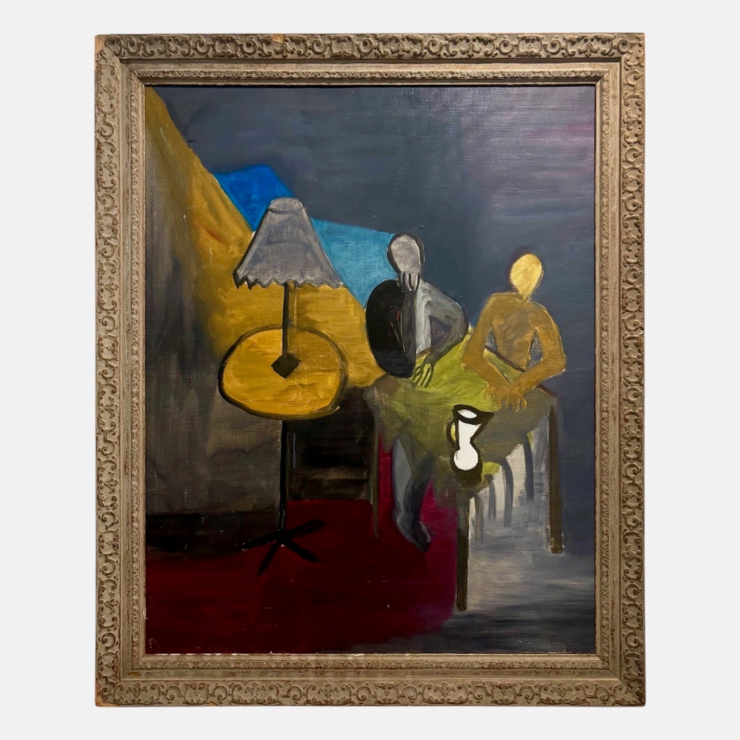 1967 Vintage French Oil of a Couple Seated at a Table in Period French Frame