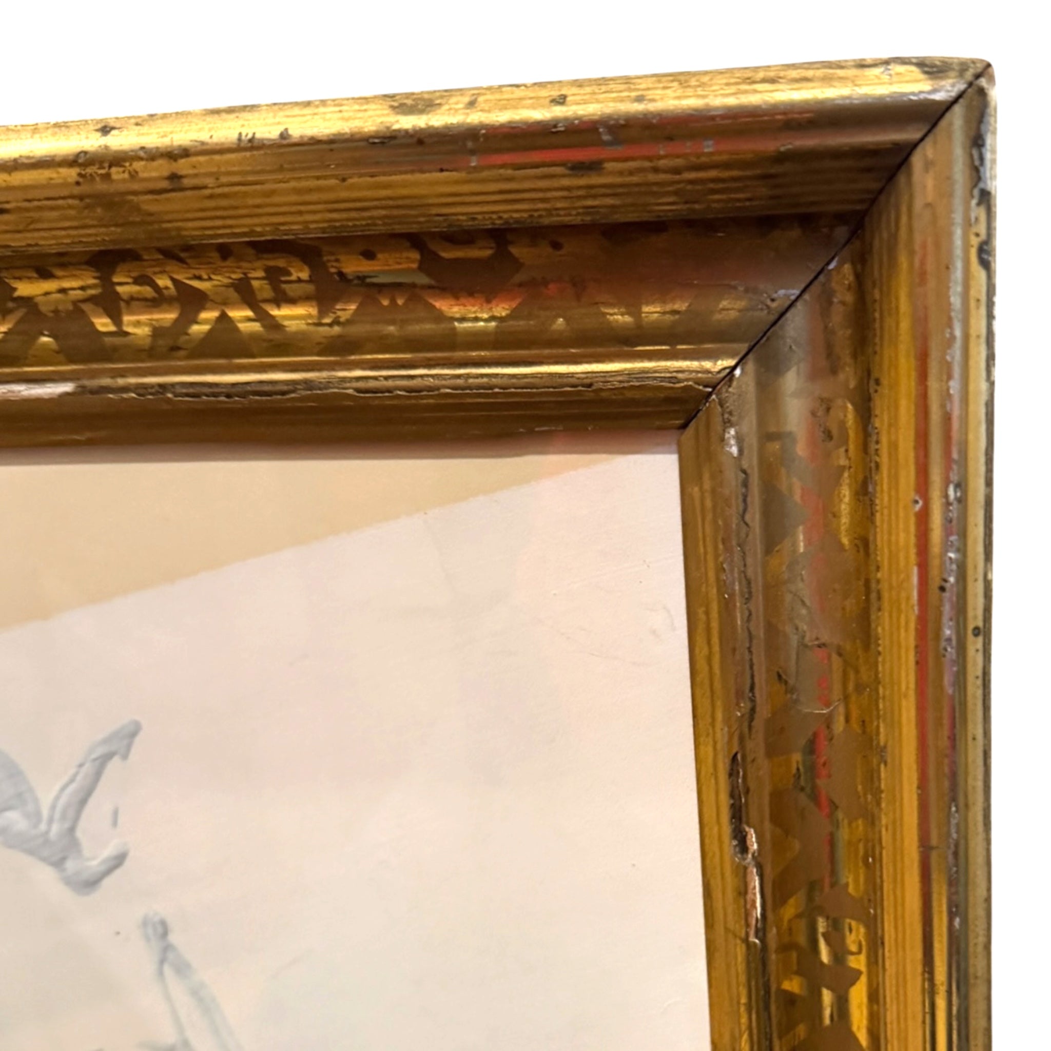 Large Ink on Paper Gestural Painting of a Horse in 19th C Stenciled Lemon Gilt Frame