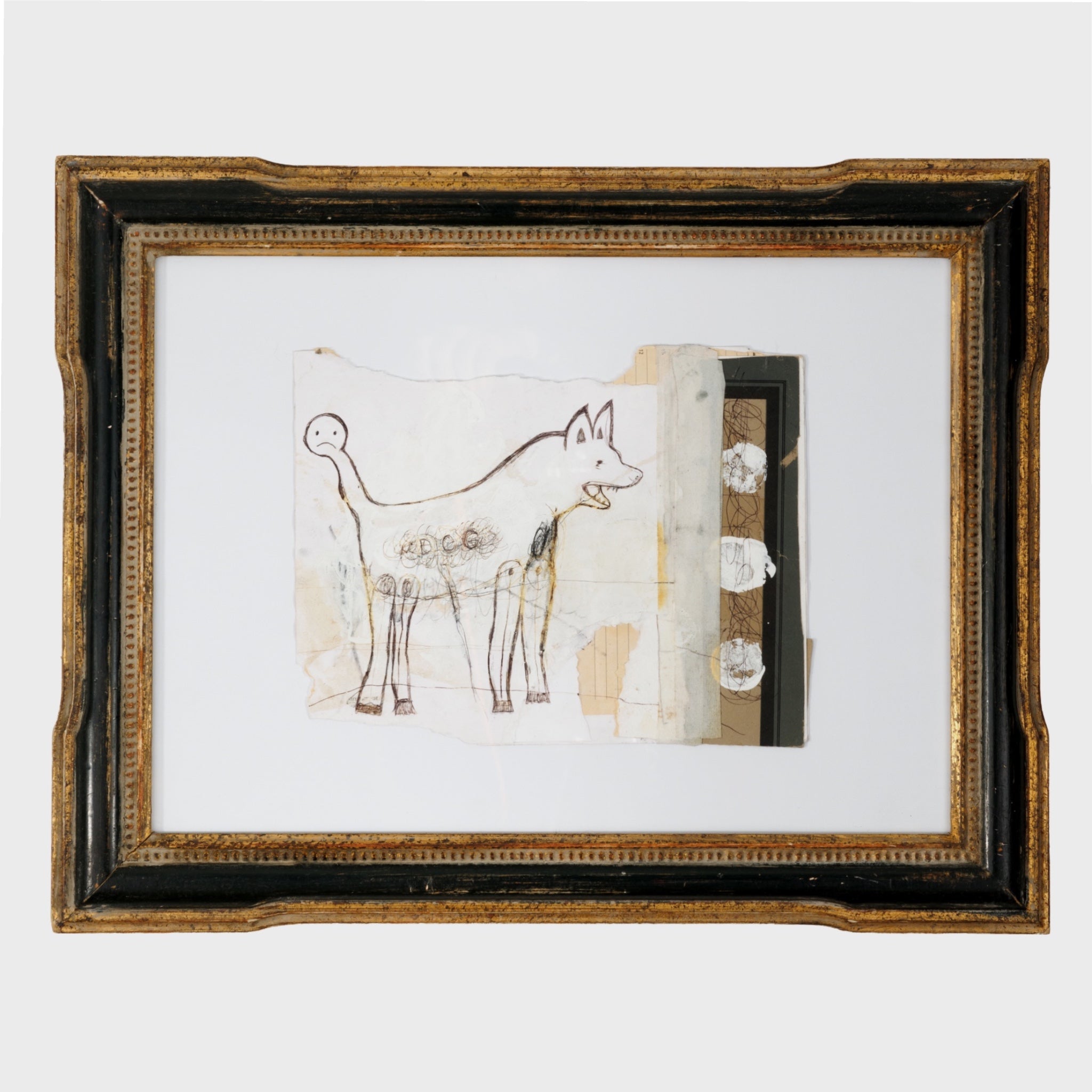 Mixed Media Layered Dog Abstract with Sad Face Tail in Vintage Custom  Frame