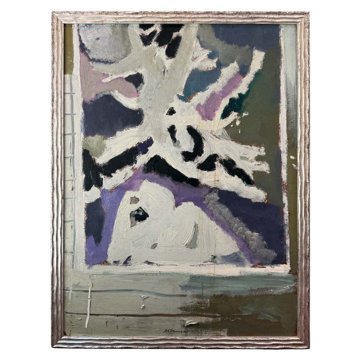 Large Abstract Expressionist Painting in Grays in Custom Silver Gilt  Frame
