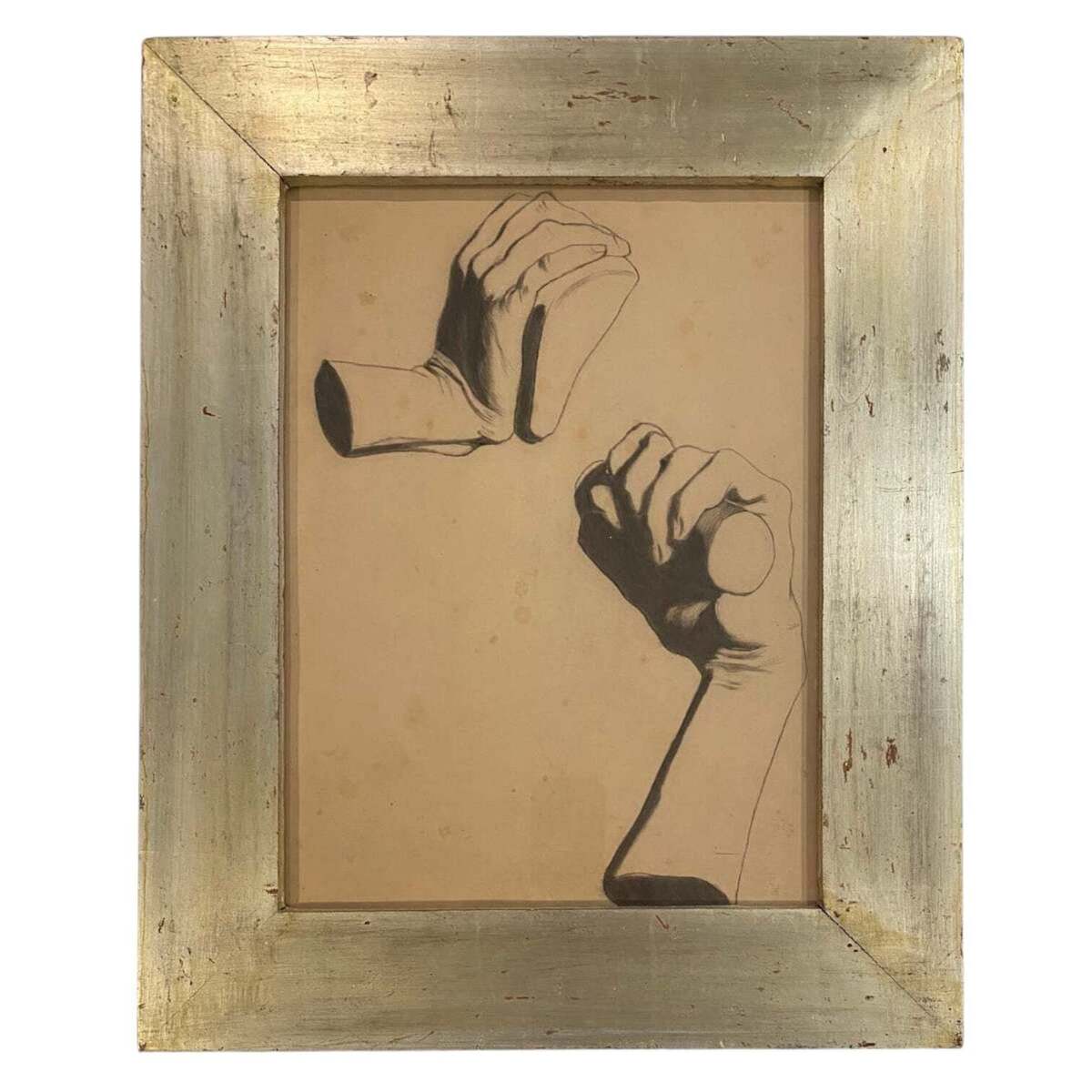 Mid-20th Century Graphite Rendering Presented in Thick Silver Gilded Frame