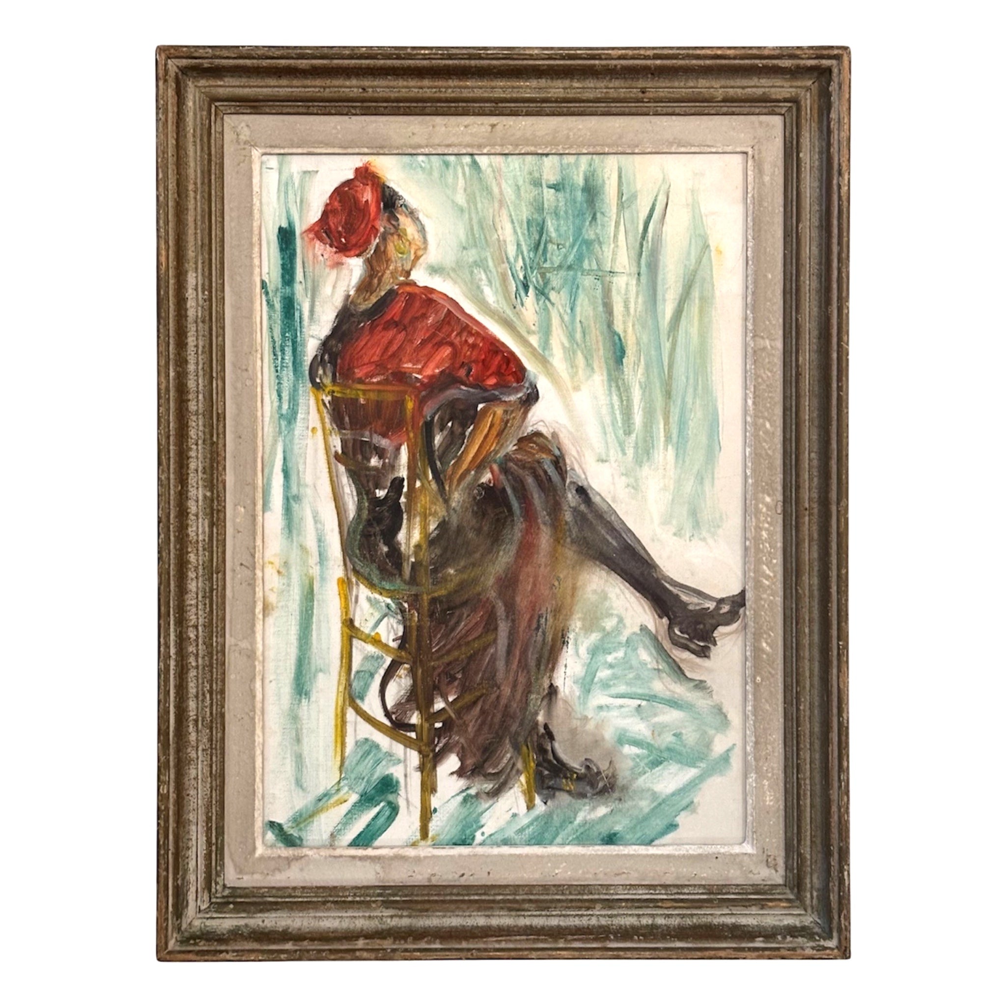 Painting of Seated Woman in Red with Black Heels / Antique Gesso  Painted Frame