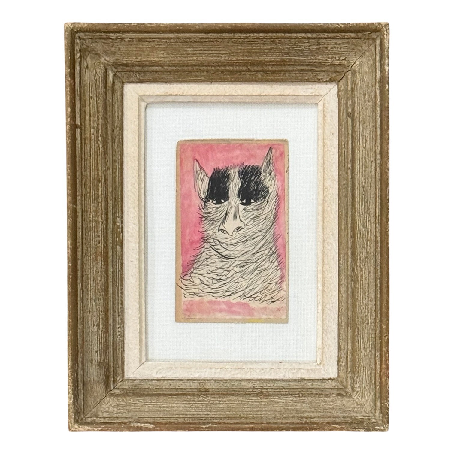 Outsider  Mixed Media Painting of Beast Against Pink Ground in Heavy Vintage Wood Frame