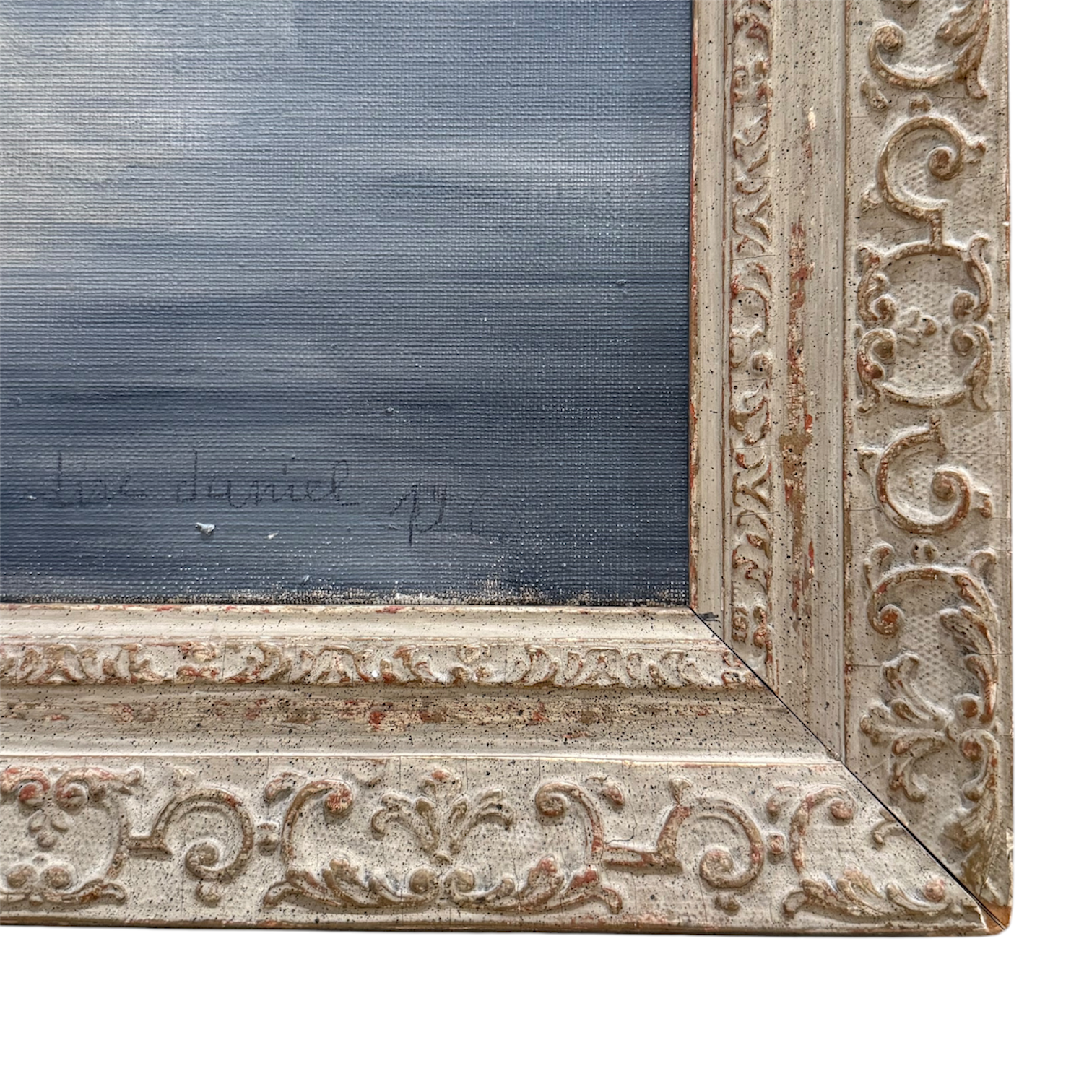 1967 Vintage French Oil of a Couple Seated at a Table in Period French Frame